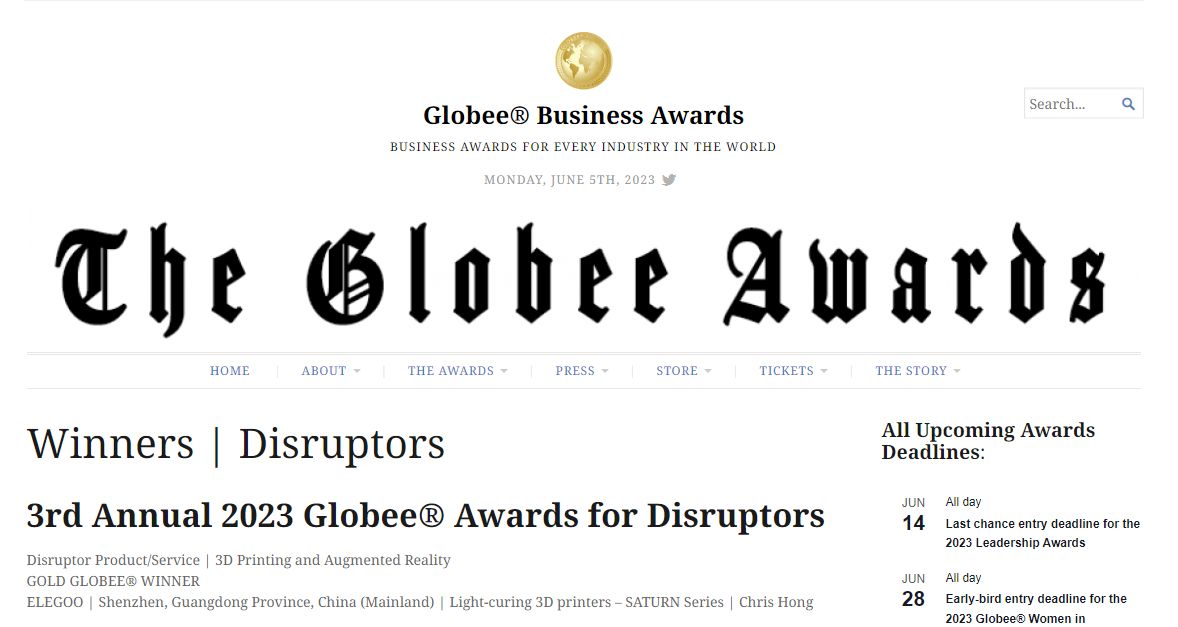 ELEGOO Takes Home Gold at 3rd Annual 2023 Globee® Awards for Disruptors